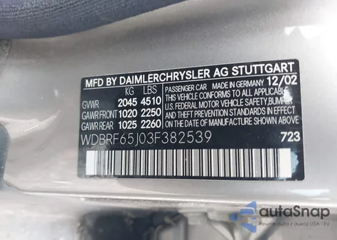 2003 Mercedes-Benz C 32 Amg Kompressor z USA, uszkodzony, nr VIN WDBRF65J03F382539